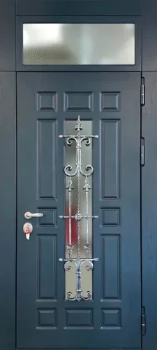 Серая дверь с ковкой и стеклопакетом №57