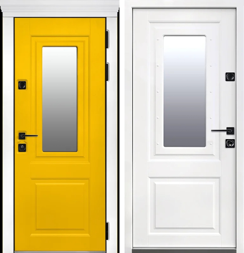 Жёлтая входная дверь с белыми наличниками №2