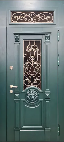 Зелёная входная дверь с элементами ковки №48
