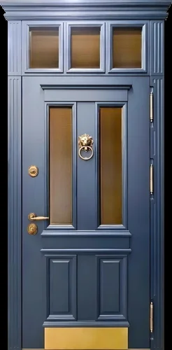 Остеклённая синяя дверь с кнокером и отбойником №72