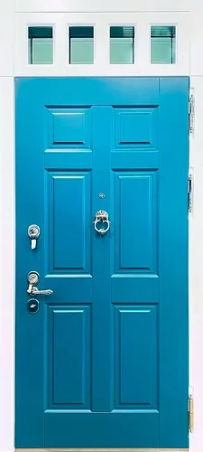 Бирюзовая входная дверь с белой фрамугой и стеклом №54