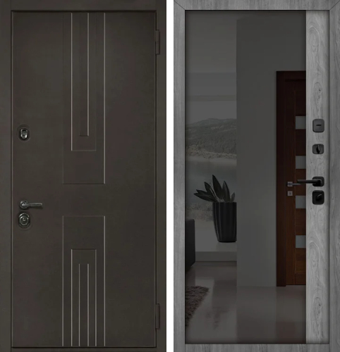 Серая железная дверь в квартиру с зеркалом №30