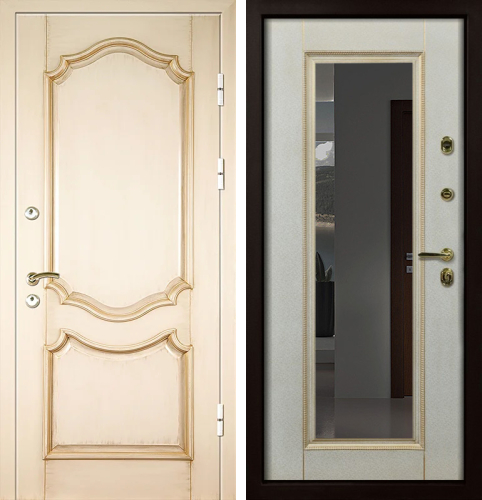 Белая входная дверь с патиной и зеркалом №7