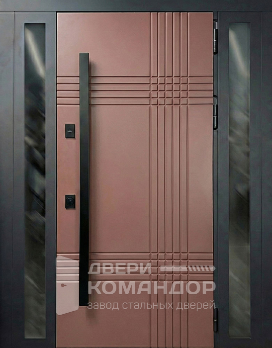 Стальная дверь терракотовая с геометрической фрезеровкой и боковым остеклением №50
